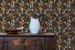 Load image into Gallery viewer, Dark botanical mushroom fabric peel and stick wallpaper with cabinet and water pitcher
