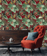 Load image into Gallery viewer, Burgundy and green palm leaves tropical fabric peel and stick wallpaper in room with cabinet, chair and table
