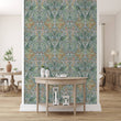Load image into Gallery viewer, Blue Art Nouveau bird Victorian antique fabric peel and stick wallpaper with table
