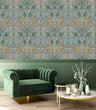 Load image into Gallery viewer, Blue Art Nouveau bird Victorian antique fabric peel and stick wallpaper with green velvet chair and coffee table
