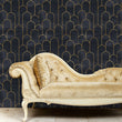 Load image into Gallery viewer, Moody dark Art Deco black and gold fabric peel and stick wallpaper in room with velvet sofa
