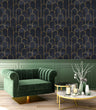 Load image into Gallery viewer, Moody dark Art Deco black and gold fabric peel and stick wallpaper in room with velvet chair and table
