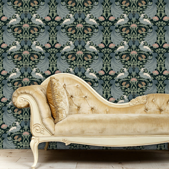 Antique Art Nouveau black and blue bird fabric peel and stick wallpaper with gold sofa