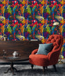 Load image into Gallery viewer, Bright eclectic tropical parrot fabric peel and stick wallpaper in room with cabinet, chair and table
