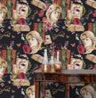 Load image into Gallery viewer, Dark academia books and statue bust fabric peel and stick wallpaper with table and gold jars
