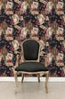 Load image into Gallery viewer, Dark academia books and statue bust fabric peel and stick wallpaper with black chair
