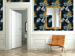 Load image into Gallery viewer, Dark botanical tropical palm leaves fabric peel and stick wallpaper in room with mirror and chair
