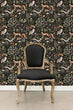 Load image into Gallery viewer, Dark cottage core mushroom and forest animals fabric peel and stick wallpaper with black chair
