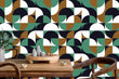 Load image into Gallery viewer, Blue and brown Mid-century modern fabric peel and stick wallpaper in room with dining furniture
