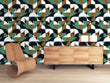 Load image into Gallery viewer, Blue and brown Mid-century modern fabric peel and stick wallpaper in room with vintage chair and cabinet

