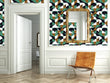 Load image into Gallery viewer, Blue and brown Mid-century modern fabric peel and stick wallpaper in room with gold mirror on wall and chair
