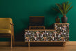 Load image into Gallery viewer, Dark botanical mushroom fabric peel and stick wallpaper on record player cabinet with plant and chair
