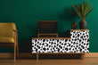 Load image into Gallery viewer, Black and white leopard print fabric peel and stick wallpaper on vintage record player with plant and chair

