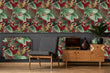 Load image into Gallery viewer, Burgundy and green palm leaves tropical fabric peel and stick wallpaper in room with vintage record player and chair
