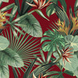 Load image into Gallery viewer, Burgundy and green palm leaves tropical fabric peel and stick wallpaper sample
