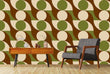 Load image into Gallery viewer, Green and brown vintage Mid-century Modern fabric peel and stick wallpaper with chair and table
