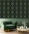 Load image into Gallery viewer, Dark moody Victorian Art Nouveau fabric peel and stick wallpaper in room with green chair and coffee table
