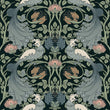 Load image into Gallery viewer, Antique Art Nouveau black and blue bird fabric peel and stick wallpaper sample
