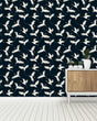 Load image into Gallery viewer, White and blue moody crane bird Chinoiserie fabric peel and stick wallpaper with white cabinet
