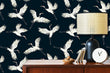 Load image into Gallery viewer, White and blue moody crane bird Chinoiserie fabric peel and stick wallpaper with cabinet, lamp and clock

