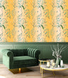 Load image into Gallery viewer, Victorian antique gold peacock Chinoiserie fabric peel and stick wallpaper in room with chair and coffee table
