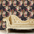 Load image into Gallery viewer, Dark academia books and statue bust fabric peel and stick wallpaper with sofa
