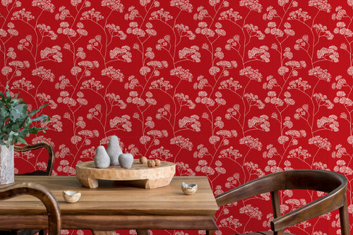 Red antique Victorian floral fabric peel and stick wallpaper in room with dining table and chairs