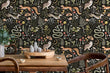 Load image into Gallery viewer, Dark cottage core mushroom and forest animals fabric peel and stick wallpaper with dining table and chairs

