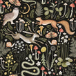 Load image into Gallery viewer, Dark cottage core mushroom and forest animals fabric peel and stick wallpaper sample
