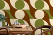 Load image into Gallery viewer, Green and brown vintage Mid-century Modern fabric peel and stick wallpaper with dining table and chair
