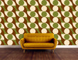 Load image into Gallery viewer, Green and brown vintage Mid-century Modern fabric peel and stick wallpaper with yellow love seat

