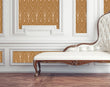 Load image into Gallery viewer, Brown vintage antique Art Deco fabric peel and stick wallpaper in room with white sofa
