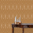 Load image into Gallery viewer, Brown vintage antique Art Deco fabric peel and stick wallpaper with table and gold bottles
