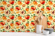 Load image into Gallery viewer, Vintage retro peaches fruit fabric peel and stick wallpaper in kitchen with utensils
