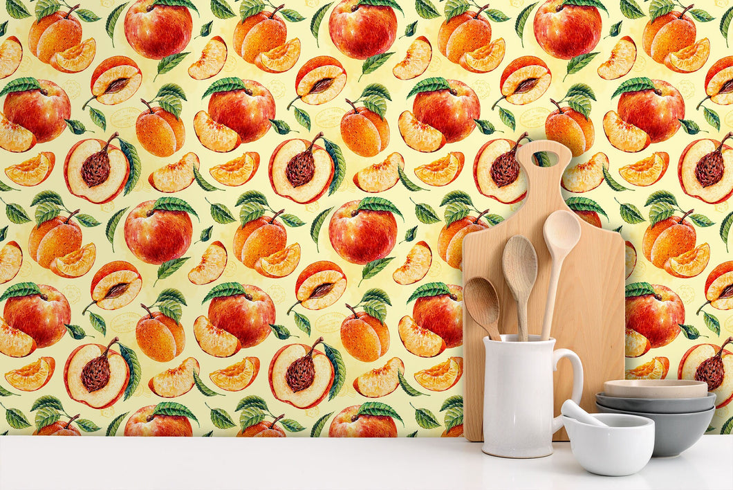 Vintage retro peaches fruit fabric peel and stick wallpaper in kitchen with utensils