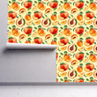 Load image into Gallery viewer, Vintage retro peaches fruit fabric peel and stick wallpaper on wall partially rolled up
