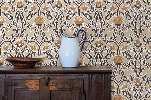 Antique Victorian floral damask fabric peel and stick wallpaper with cabinet and water pitcher