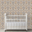 Load image into Gallery viewer, Antique Victorian floral damask fabric peel and stick wallpaper in nursery with crib
