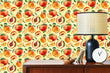 Load image into Gallery viewer, Vintage retro peaches fruit fabric peel and stick wallpaper with cabinet and black lamp
