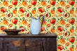 Load image into Gallery viewer, Vintage retro peaches fruit fabric peel and stick wallpaper with cabinet, water pitcher and bowl

