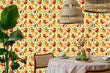 Load image into Gallery viewer, Vintage retro peaches fruit fabric peel and stick wallpaper with table and chairs and plant
