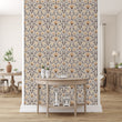Load image into Gallery viewer, Antique Victorian floral damask fabric peel and stick wallpaper in room with table and vases
