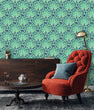 Load image into Gallery viewer, Vintage abstract blue Art Deco peacock fabric peel and stick wallpaper with cabinet, chair, and table
