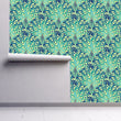 Load image into Gallery viewer, Vintage abstract blue Art Deco peacock fabric peel and stick wallpaper on wall partially rolled up
