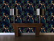 Load image into Gallery viewer, Black topical parrot Victorian Chinoiserie fabric peel and stick wallpaper with mantle and lamps
