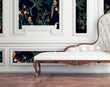 Load image into Gallery viewer, Black topical parrot Victorian Chinoiserie fabric peel and stick wallpaper with white sofa
