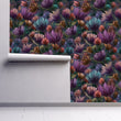 Load image into Gallery viewer, Dark gothic moody floral fabric peel and stick wallpaper on wall partially rolled up
