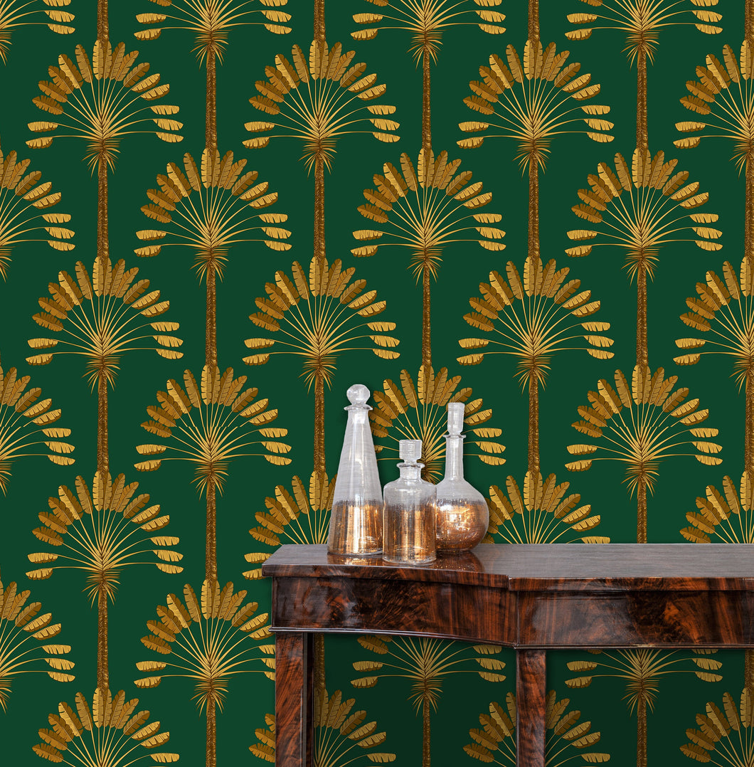 Gold and green antique Art Deco fabric peel and stick wallpaper with table and jars