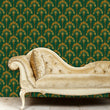 Load image into Gallery viewer, Gold and green antique Art Deco fabric peel and stick wallpaper with gold sofa
