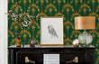 Load image into Gallery viewer, Gold and green antique Art Deco fabric peel and stick wallpaper with piano, picture and lamp
